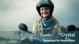  Presentation with motorcycle - Presentation theme consisting of motorcycle helmet - happy girl on her scooter background and a ocean colored foreground