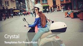  Presentation with cheerful - Slides having motorcycle helmet - young cheerful girl near scooter background and a gray colored foreground