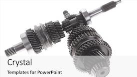  Presentation with automatic gear stick transmission - PPT theme featuring motorcycle manufacturing - real used motor steel gear background and a white colored foreground