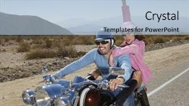  Presentation with bike - Presentation theme having motorcycle safety - multiethnic couple having fun background and a light blue colored foreground