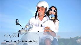  Presentation with young happy couple - Slide set consisting of motorcycle safety - portrait of happy young love background and a light blue colored foreground