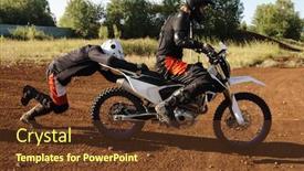  Presentation with motorbike - Beautiful presentation design featuring motorcyclist-in-helmet-pushing-motorbike backdrop and a tawny brown colored foreground