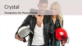  Presentation with motorcycle - Beautiful theme featuring motorcyclists couple with helmets backdrop and a lemonade colored foreground
