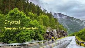  Presentation with waterfall - PPT theme consisting of motorcyclists-passing-by-the-waterfall background and a tawny brown colored foreground