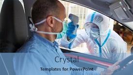  Presentation with covid coronavirus - Amazing slide deck having motorists-with-contactless-fever-measure backdrop and a light blue colored foreground
