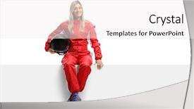  Presentation with female - Cool new presentation theme with motorsports - female racer in a suit backdrop and a white colored foreground