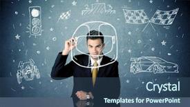  Presentation with race car - Audience pleasing PPT theme consisting of motorsports - happy businessman sitting at desk backdrop and a ocean colored foreground