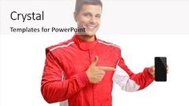  Presentation with smart - Cool new slides with motorsports - racer holding a phone backdrop and a light gray colored foreground
