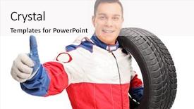  Presentation with race car a red racing - Presentation with motorsports - young male car racer holding background and a sky blue colored foreground