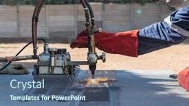  Presentation with workshop - PPT theme featuring motswana welder worker in a botswana workshop using an acetylene torch to cut in straight line roller torch background and a ocean colored foreground