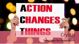  Presentation with holding hands - Cool new PPT layouts with motto - action changes things female hands backdrop and a coral colored foreground