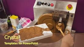  Presentation with chocolate - PPT theme with moulding process - worker filling mould with melted background and a tawny brown colored foreground