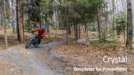  Presentation with activity - Slides having mountain biker riding enduro on bike in early spring mountains forest landscape man cycling mtb enduro flow trail track outdoor sport activity background and a coral colored foreground