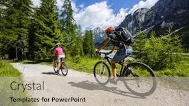 Presentation with biking - Amazing presentation design having mountain biking woman and young girl along river in dolomites italy backdrop and a mint green colored foreground