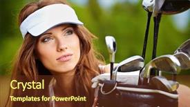  Presentation with golf - Slide deck consisting of mountain club - young brunette woman with golf background and a tawny brown colored foreground