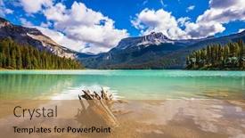  Presentation with eco park - PPT theme with mountain emerald lake in the wooded mountains sunny day in autumn the concept of eco-tourism and active recreation yoho national park in canada background and a coral colored foreground