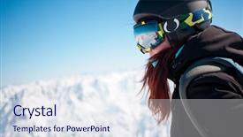  Presentation with woman diversity women socialize unity - Beautiful slide deck featuring mountain equipment - portrait of woman in alps backdrop and a sky blue colored foreground