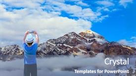  Presentation with hat - Beautiful slide deck featuring boy in a white hat photographs landscape with smartphone pyramid mountain glistens in the sun over morning fog the concept of ecological and photo tourism rocky mountains canada backdrop and a seafoam green colored foreground