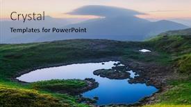  Presentation with green hills - Slides having mountain-lake-on-sunrise-time background and a teal colored foreground