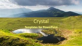  Presentation with green morning - Audience pleasing theme consisting of mountain-lake-on-sunrise-time backdrop and a tawny brown colored foreground