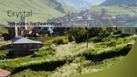  Presentation with ancient village - Audience pleasing presentation theme consisting of mountain landscape with a snowy peak the ancient alpine village sunny summer day with a clear sky the village of ushguli and mount shkhara main caucasian ridge zemo svaneti georgia backdrop and a light blue colored foreground