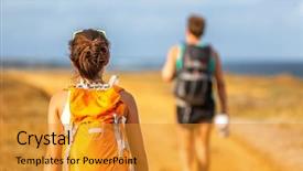  Presentation with walking trail - Beautiful presentation theme featuring mountain nature outdoors tourists trek backdrop and a gold colored foreground