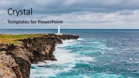  Presentation with island party - Slide set featuring mountain navigation - cape hirakubo lighthouse ishigaki island background and a light blue colored foreground