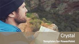  Presentation with wilderness - Beautiful PPT theme featuring mountain navigation - man with map exploring wilderness backdrop and a coral colored foreground