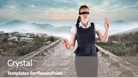  Presentation with blindfolded - Slides with mountain path graphic - digital composite of business woman background and a  colored foreground