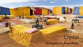  Presentation with camp - Presentation theme featuring desert tent - nomad camp for tourists background and a gold colored foreground