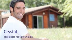  Presentation with cabin - Audience pleasing PPT layouts consisting of smiling man sitting in front backdrop and a sky blue colored foreground