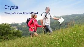  Presentation with mountain hiking - PPT layouts with mountain shapes - senior couple hiking in natural background and a sky blue colored foreground