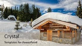  Presentation with house snow mountain - Cool new presentation design with mountain ski resort with snow backdrop and a coral colored foreground