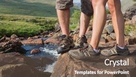  Presentation with couples hiking - PPT layouts enhanced with mountain stream - couples feet standing at edge background and a tawny brown colored foreground