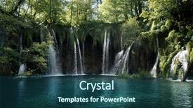  Presentation with cabin in the forest - Presentation enhanced with mountain stream - waterfall in forest plitvice lakes background and a ocean colored foreground