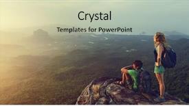  Presentation with backpacks - Audience pleasing PPT theme consisting of mountain top - couple of hikers with backpacks backdrop and a mint green colored foreground