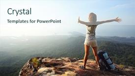  Presentation with cliff - Slides consisting of mountain top - young woman with backpack standing background and a sky blue colored foreground