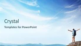  Presentation with cliff - Theme with mountain top - young woman with backpack standing background and a sky blue colored foreground