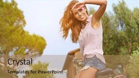  Presentation with e bike - Beautiful slide deck featuring mountain village - vacation in italy girl backdrop and a coral colored foreground