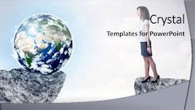  Presentation with businessman standing on mountain top - PPT theme consisting of mountain with a globe background and a  colored foreground