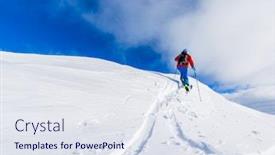  Presentation with backcountry - Colorful theme enhanced with mountaineer backcountry ski walking up along a snowy ridge with skis in the backpack in background blue sky and shiny sun and zebru ortler in south tirol italy adventure winter extreme sport backdrop and a sky blue colored foreground