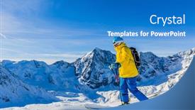  Presentation with backcountry - Audience pleasing theme consisting of mountaineer backcountry ski walking up along a snowy ridge with skis in the backpack in background blue sky and shiny sun and zebru ortler in south tirol italy adventure winter extreme sport backdrop and a teal colored foreground