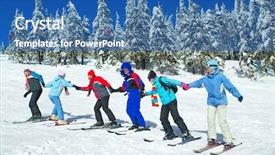  Presentation with touring - Audience pleasing slides consisting of mountaineer guide - group of skiers come upstairs backdrop and a ocean colored foreground