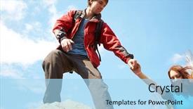  Presentation with mountain top - Amazing theme having mountaineer guide - hiker reaches hand to woman backdrop and a light blue colored foreground