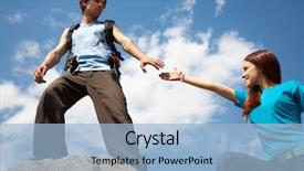  Presentation with mountain top - Amazing slide deck having mountaineer guide - hiker reaches hand to woman backdrop and a light blue colored foreground