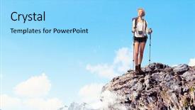  Presentation with mountain top - PPT layouts enhanced with mountaineer guide - pretty young woman tourist standing background and a light blue colored foreground