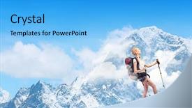  Presentation with mountain top - Presentation design having mountaineer guide - pretty young woman tourist standing background and a  colored foreground