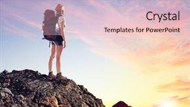  Presentation with mountain top - Amazing PPT theme having mountaineer guide - pretty young woman tourist standing backdrop and a lemonade colored foreground