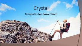  Presentation with mountain top - Beautiful presentation theme featuring mountaineer guide - pretty young woman tourist standing backdrop and a  colored foreground