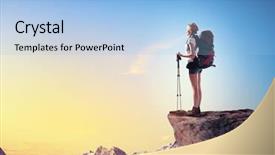  Presentation with mountain top - Cool new PPT theme with mountaineer guide - pretty young woman tourist standing backdrop and a light blue colored foreground